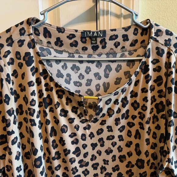 IMAN Global Chic Blouse Brown Tan Black Animal Print 3/4 Sleeve Gold Plus Sz 1X - Picture 4 of 9